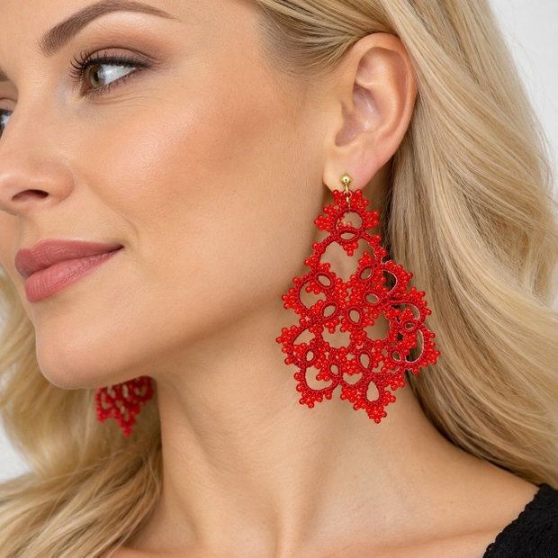 Cercei rosii din dantelă frivolite cu mărgele Preciosa Ornela, cercei handmade