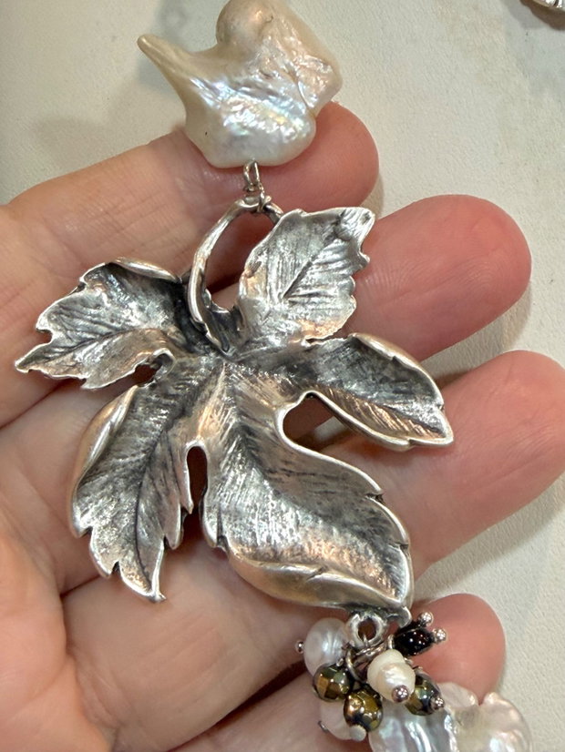 Colier și cercei din perle baroc mari,perle de cultură,agate,hematit și zamac argintat~SILVER AUTUMN~