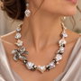 Colier și cercei din perle baroc mari,perle de cultură,agate,hematit și zamac argintat~SILVER AUTUMN~