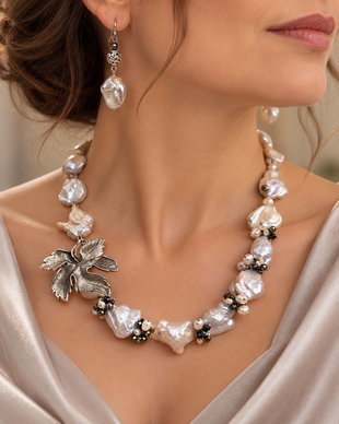 Colier și cercei din perle baroc mari,perle de cultură,agate,hematit și zamac argintat~SILVER AUTUMN~