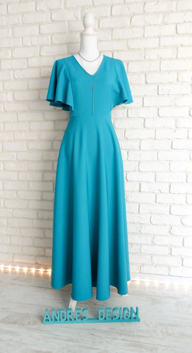 Rochie Clos Eleganta Turcoaz cu Volane pe Umeri