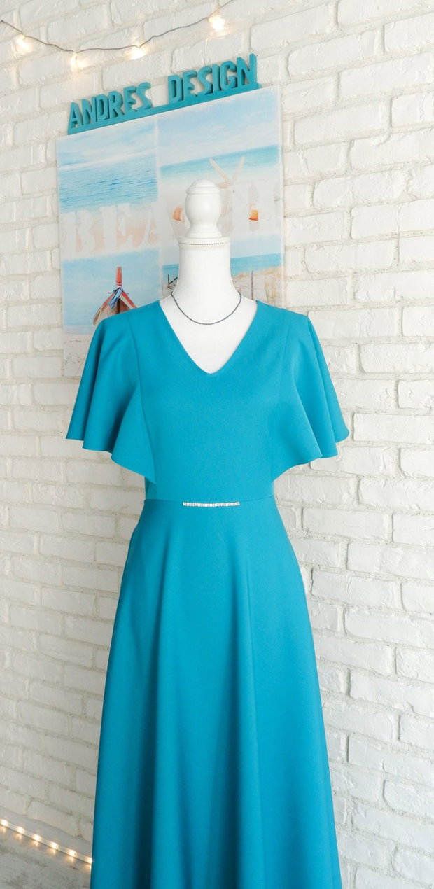 Rochie Clos Eleganta Turcoaz cu Volane pe Umeri