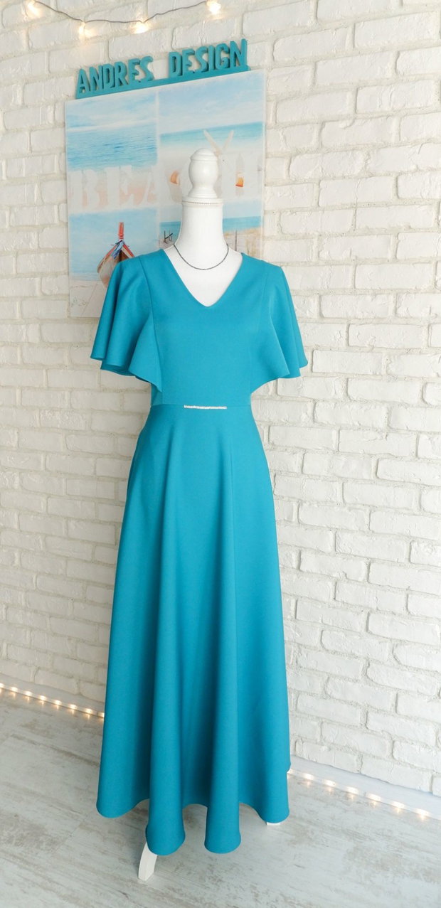 Rochie Clos Eleganta Turcoaz cu Volane pe Umeri