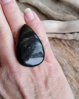 Inel statement obsidian auriu, argint rodiat