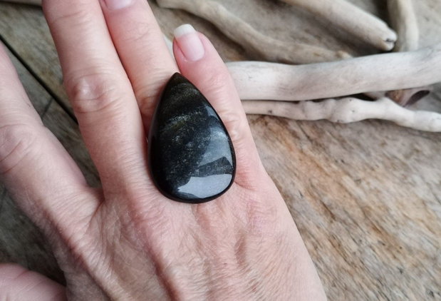 Inel statement obsidian auriu, argint rodiat