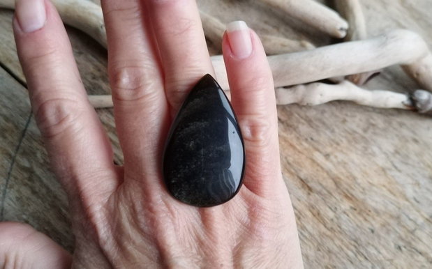 Inel statement obsidian auriu, argint rodiat