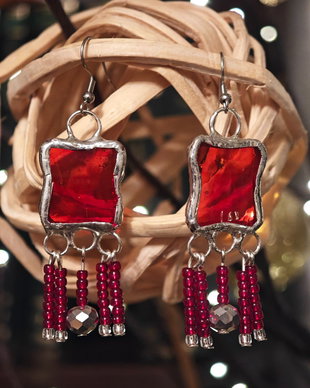 Cercei unicat rosu sticla și cristale Swarovski