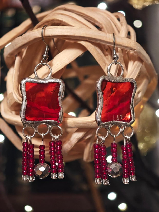 Cercei unicat rosu sticla și cristale Swarovski
