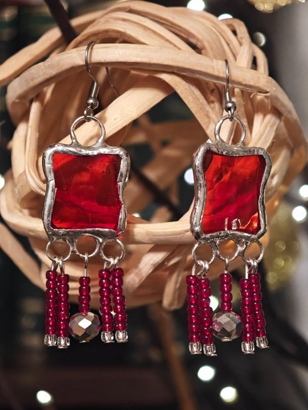Cercei unicat rosu sticla și cristale Swarovski