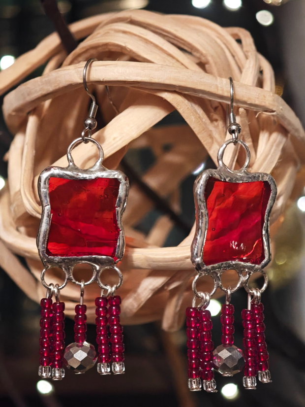 Cercei unicat rosu sticla și cristale Swarovski
