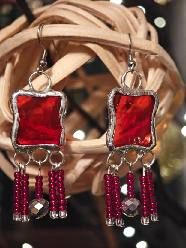 Cercei unicat rosu sticla și cristale Swarovski