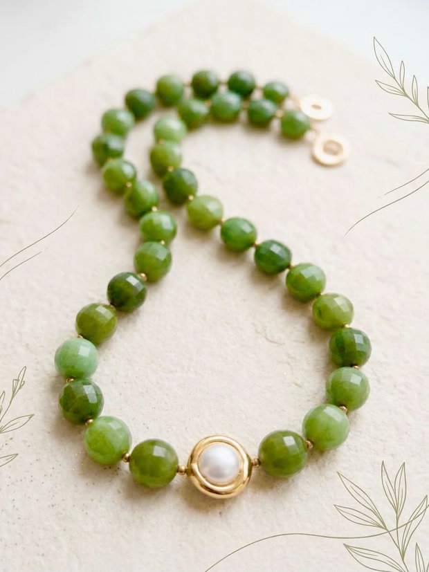 Colier jad verde canadian & perla baroc alba