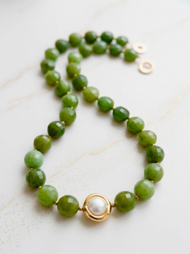Colier jad verde canadian & perla baroc alba