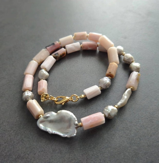 Colier opal roz si perle de cultura CP81