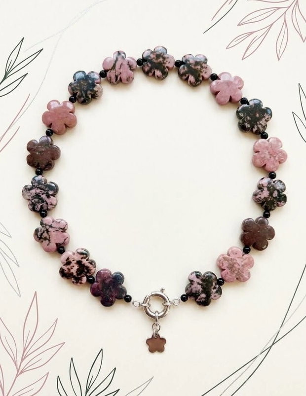 Colier flori Rodonit roz & onix negru