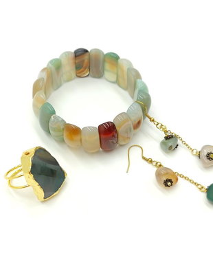 Set unicat cu agate naturale verde salvie si miere, 4718