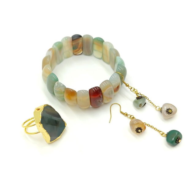 Set unicat cu agate naturale verde salvie si miere, 4718