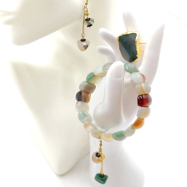 Set unicat cu agate naturale verde salvie si miere, 4718