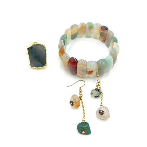 Set unicat cu agate naturale verde salvie si miere, 4718